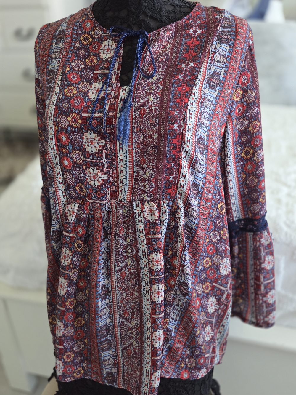 Boho Cocomo Red and Blue Printed Boho Peasant Top
